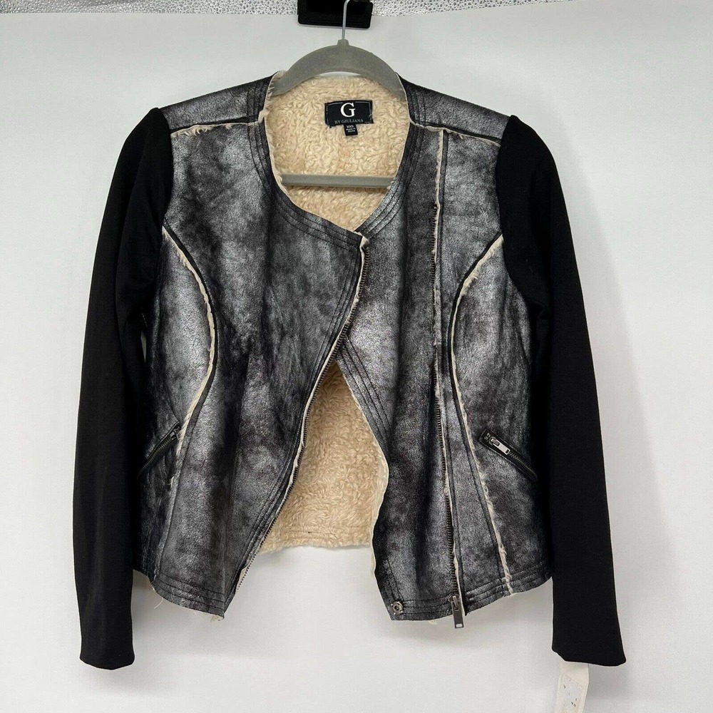 G by Giuliana Women's Gunmetal Gray & Black Faux Leather Jacket with Zipper XXS